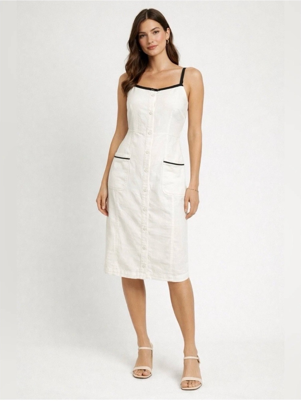 White Midi Button-Front Dress with navy Trim
